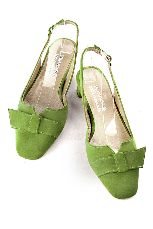 Grass green women's slingback shoes. Square toe. Low kitten heels. Top view - Florence KOOIJMAN